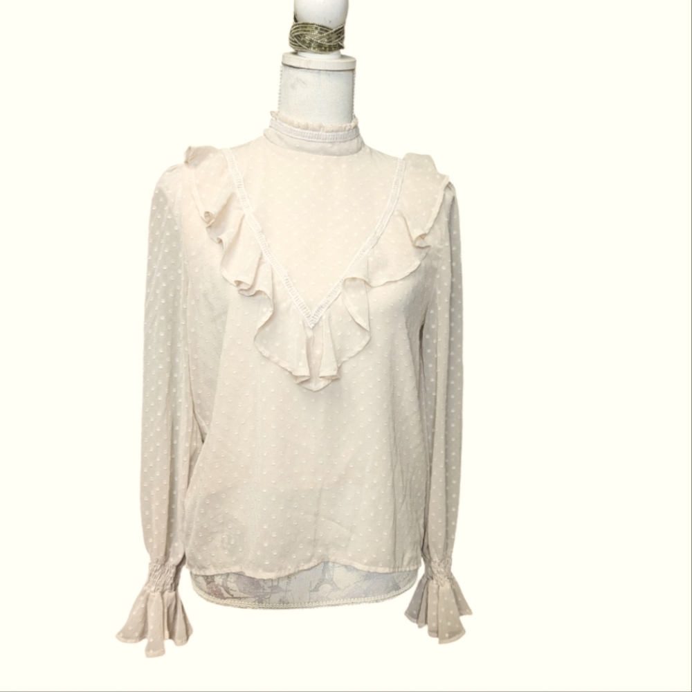 JOHNNY BECCA JOHNNY WAS Top Women's Pale Pink Swiss Polka Dots Peasant S